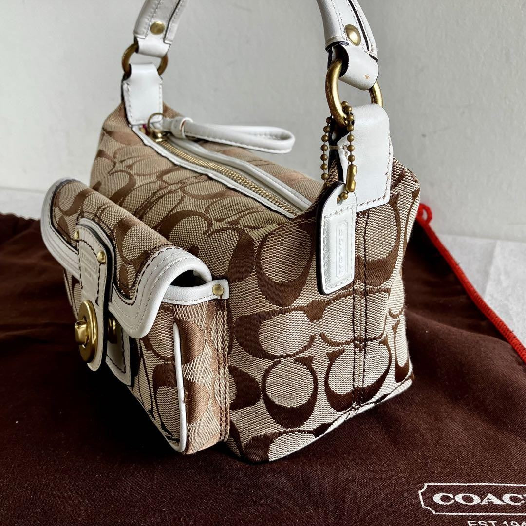 COACH Signature Legacy Flap Handbag – Brown & White Canvas Leather