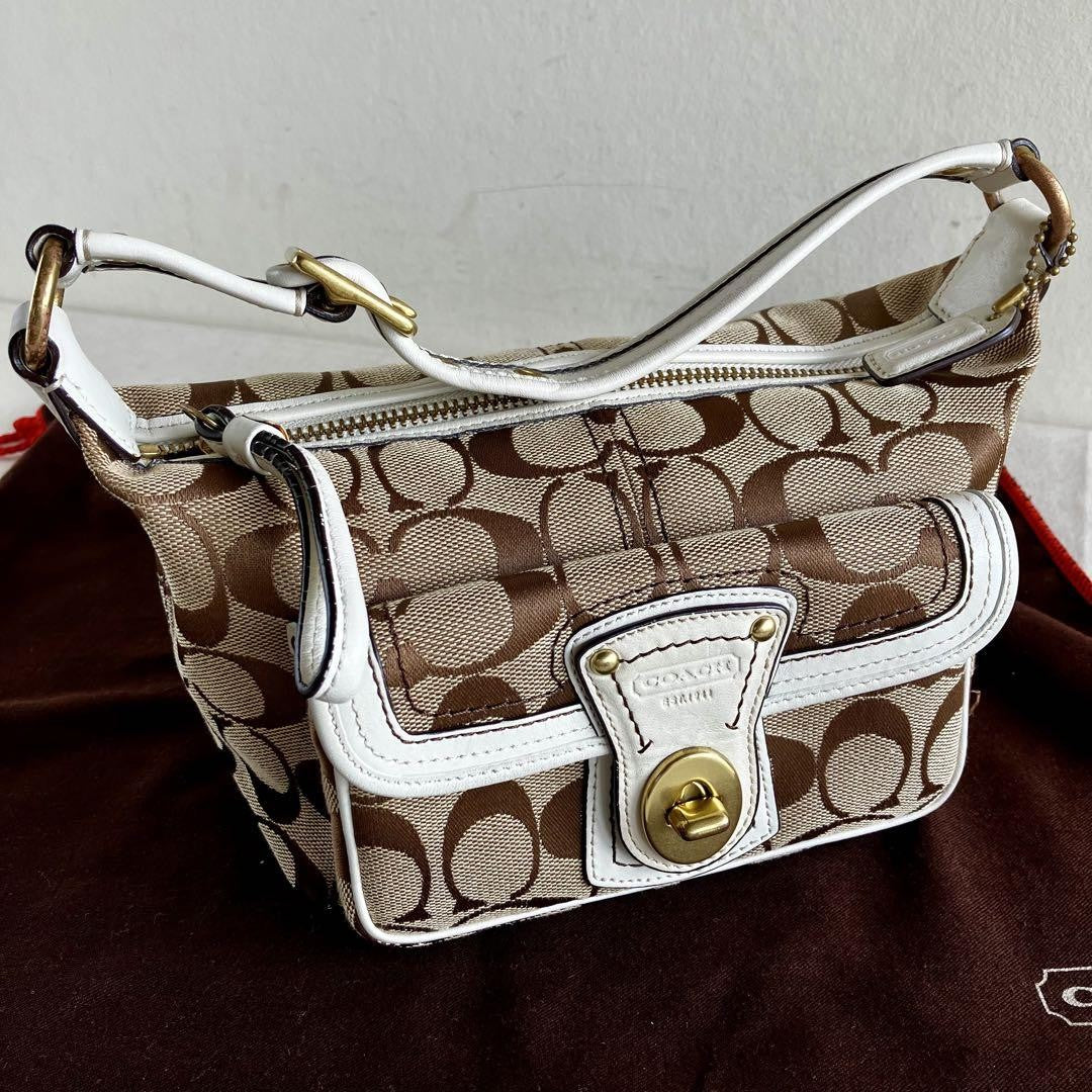 COACH Signature Legacy Flap Handbag – Brown & White Canvas Leather