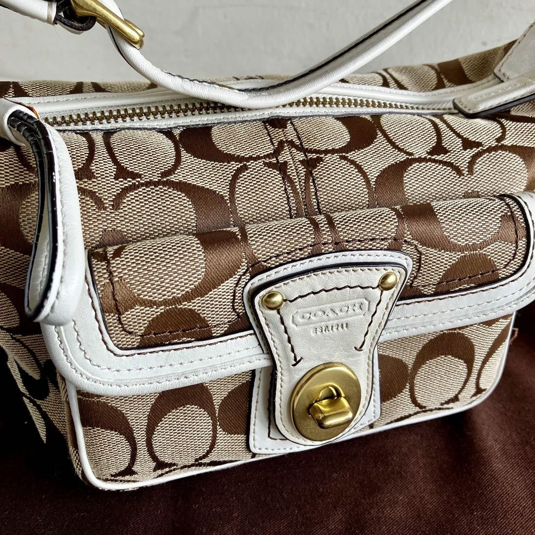 COACH Signature Legacy Flap Handbag – Brown & White Canvas Leather