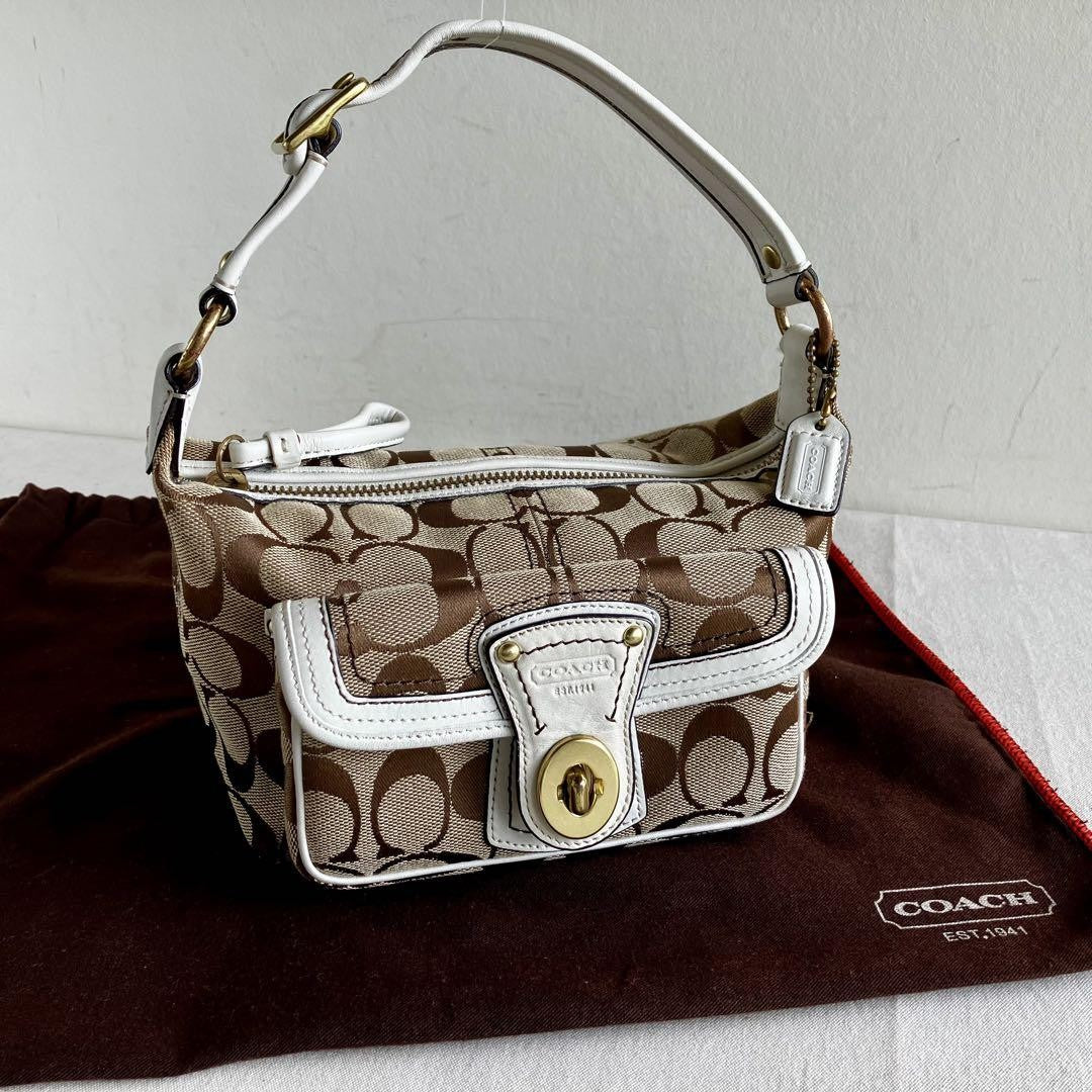 COACH Signature Legacy Flap Handbag – Brown & White Canvas Leather